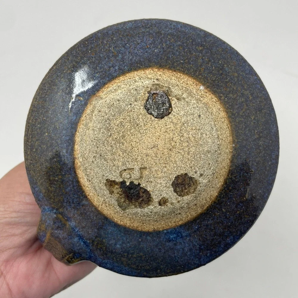Studio Art Pottery Chamberstick Candle Holder Blue Speckled Rustic Artist Signed